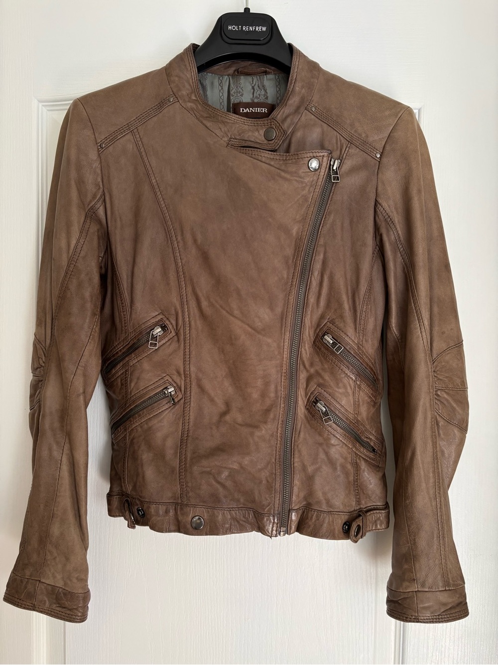Danier Taupe Brown Leather Asymmetrical Moto Jacket